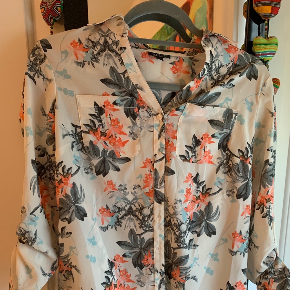 Talbots floral blouse XS great condition orange, blue, grey, ecru